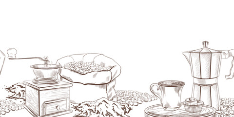 Seamless border with a geyser coffee maker,manual coffee grinder,canvas bag classic cup of black coffee Turkish delight sweets on a round wooden tray surrounded by roasted coffee beans