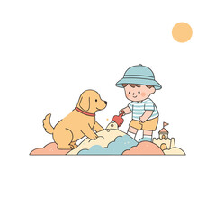 Joyful Young Child in Striped Shirt and Hat Teaching Golden Retriever Dog to Play in Sand on Sunny Day