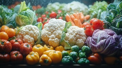 Fresh Produce Display: A vibrant array of vegetables under a gentle shower, showcasing nature's bounty.