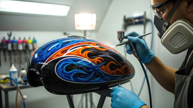 Airbrush Artist Painting Custom Fire Flames on Motorcycle Gas Tank