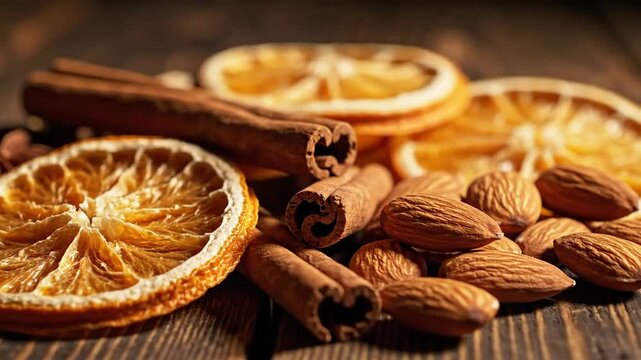 Aromatic Display of Citrus Slices, Almonds, and Cinnamon Sticks, Perfect for Festive Decor