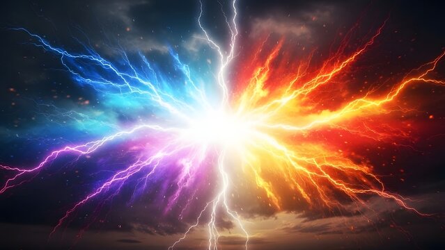 Vibrant energy explosion with colorful lightning bolts radiating outward