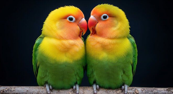 Two adorable fischers lovebirds perched together on a branch against a dark background