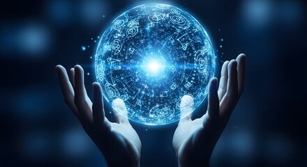Hands holding a glowing digital sphere representing technology and innovation