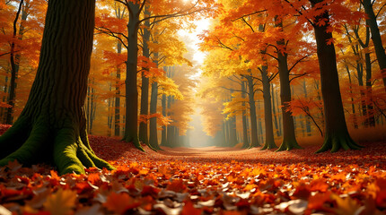 Scenic Forest Path With Colorful Fall Foliage And Sunlight Shining Through Trees Creating Enchanting Autumn Landscape For Serene Nature Walk In Picturesque Scenery