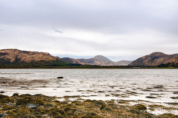 Coastal shoreline with seaweed, sand, and distant mountains on the Isle of Mull, Scotland. Calm and natural seascape under a cloudy sky.