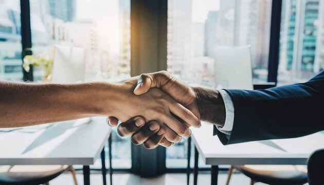 Two diverse business people shaking hands in a modern office with city views, concept for global partnership, successful collaboration and professional agreement.