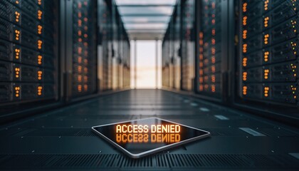 Digital tablet displaying 'access denied' in a glowing server room, concept for cybersecurity, data breach and IT security.