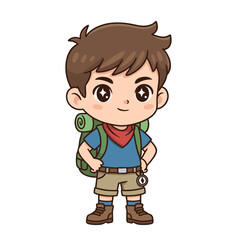 Joyful Cartoon Boy Explorer with Backpack and Red Scarf Standing Confidently with Bright Smile and Sparkling Eyes Ready for Adventure