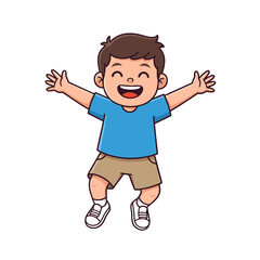 Joyful Cartoon Boy in Blue TShirt and Khaki Shorts Jumping with Arms Wide Open and Big Smile on Black Background