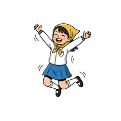 Joyful Cartoon Boy Skipping With Arms Out Wearing School Bag And Casual Clothes White Shirt Blue Skirt And Yellow Scarf