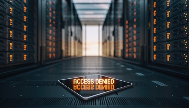 Digital tablet displaying 'access denied' in a glowing server room, concept for cybersecurity, data breach and IT security.