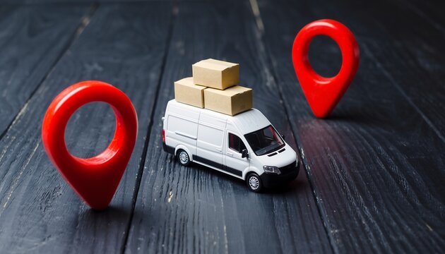 Efficient white delivery van transporting packages between prominent red location pins on a dark wooden surface, concept for logistics, e-commerce and global shipping.
