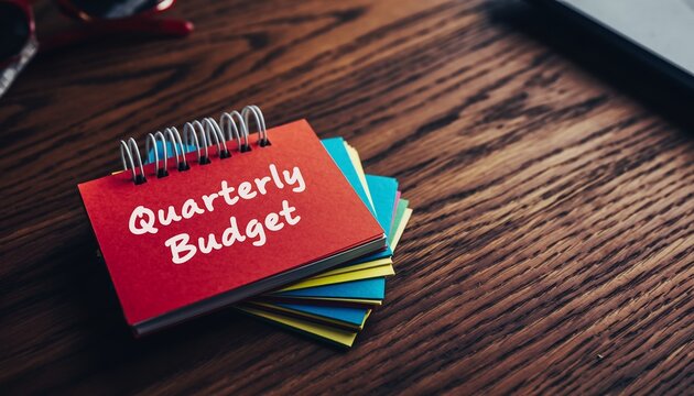 Red notebook displaying 'Quarterly Budget' on a rustic wooden desk with colorful sticky notes and blurred office items, concept for financial planning, business management and personal organization.