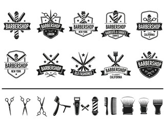 Classic Barbershop Logos and Icons Set - Vintage Monochrome Emblems