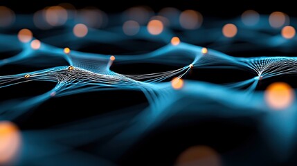 An abstract image of a network of lines and glowing dots against a black background. The lines are blue and the dots are orange, creating a sense of depth and c