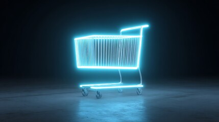 Shopping cart glowing in metallic neon blue style