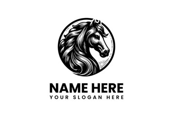 Majestic stallion horse head in a circle, a classic black and white vector logo illustration for an emblem. 211