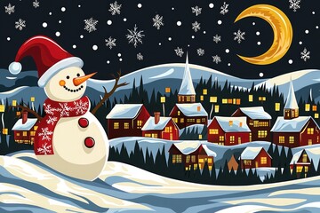 stylized vector snowman with scarf and hat in snowy town night scene with crescent moon and stars for winter holiday decoration use