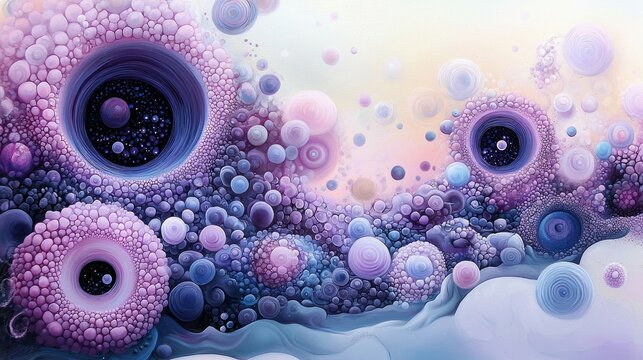 An abstract artwork featuring a composition of organic forms, spheres, and textures in shades of purple and blue, creating a surreal and artistic visual.
