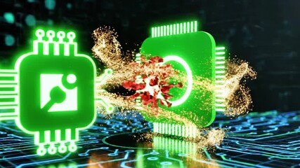 Digital illustration depicts a computer chip with a virus inside a green cage on a circuit board - Powered by Adobe