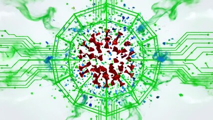 Digital representation of a virus within a circuit, suggesting digital infection or data threat - Powered by Adobe