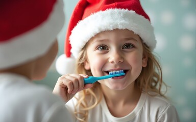 Little girl brushing teeth in santa hat for christmas morning routine. High quality