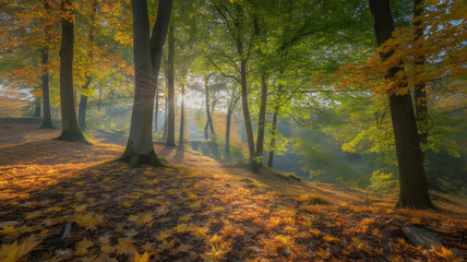 Sunlight streams through trees in forest bathing leaves Sunlight shining trees on pathway in forest Sun shining through trees in idyllic autumn woodland scene with sun rays