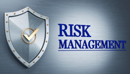 Metallic shield with a golden checkmark symbolizing successful protection on a brushed metal background, featuring 'Risk Management' text, concept for finance, business, and security