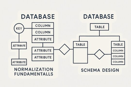 Visual representation of database normalization principles and schema design showcasing attribute mapping systemic relationships in data structure organization