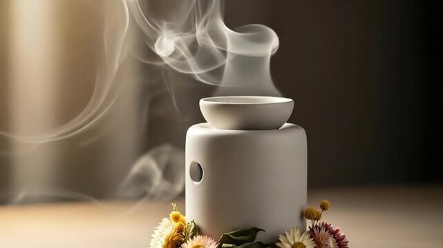 Close Up Of A White Ceramic Aroma Diffuser Emitting Wispy Smoke Surrounded By Delicate Wildflowers With Soft Golden Backlighting Creating A Serene Ambiance