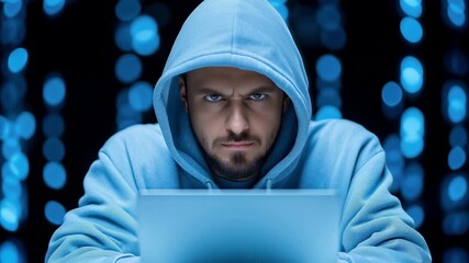 hooded hacker using laptop in dark room with blue binary code background symbolizing cyber security hacking and digital crime concept - Powered by Adobe