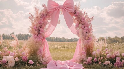 Pink floral arch wedding ceremony outdoors