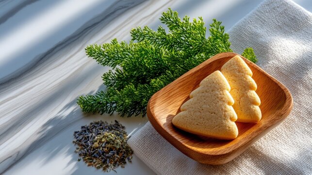 Close-up shot of two Christmas tree-shaped cookies in a wooden bowl, accompanied by greenery, herbs, and a linen cloth, all set on a marble surface, illuminated