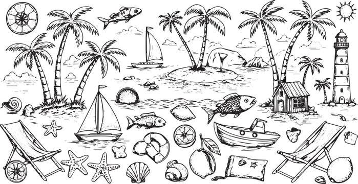 Whimsical hand drawn tropical beach scene with palm trees sailboats lighthouse and beach chairs