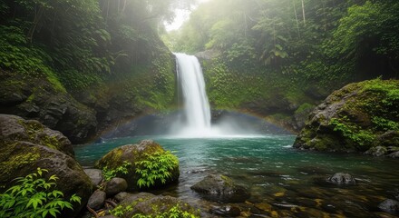 Stunning waterfall cascading into a vibrant turquoise pool surrounded by lush green tropical rainforest and mossy rocks.