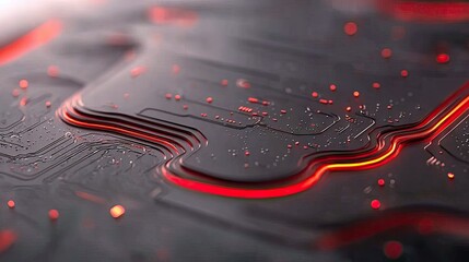 Close-up of a circuit board with red glowing lines and dots, creating a technological and futuristic background.