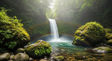 Stunning waterfall cascading into a clear pool with a vibrant rainbow in a lush green tropical forest.