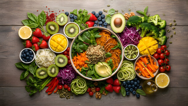Vibrant overhead display of fresh, colorful fruits and vegetables surrounding a nutritious superfood bowl, representing a healthy, balanced diet and plant-based eating