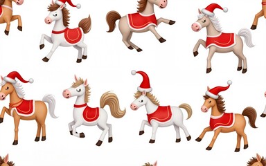 Playful watercolor seamless background with festive horses in Santa Claus outfits. Decorative vector texture for Christmas packaging, greeting cards and textile surfaces. High quality