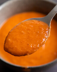 Close-Up Spoonful of Roasted Tomato Soup – Cozy Autumn Comfort Food