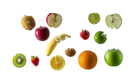 Vibrant kiwi, apple, lime, strawberry, orange fruits mid-splash in clear water on white, frozen motion, suspended droplets, Concept of natural freshness and vitality
