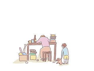 汚い部屋の机に伏せる女性と、それを見つめる子供