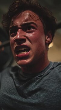 A young man lifting weights in a gym, face showing determination and focus as he pushes himself