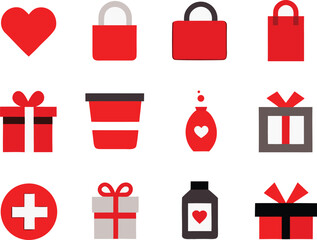 Vector collection of red gift box icons and related symbols for festive occasions
