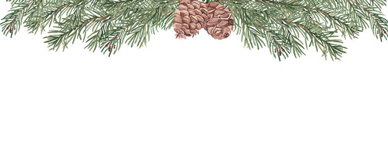 Christmas banner with fir, pine branches and cones. Watercolor horizontal frame, border. Hand drawn illustration. Perfect as a web banner, card and invitation template.