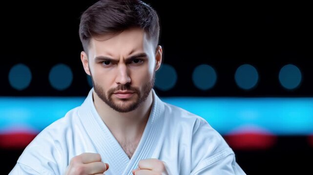 focused martial artist practicing punches in white uniform on dark background with blue red lights showing strength discipline and concentration
