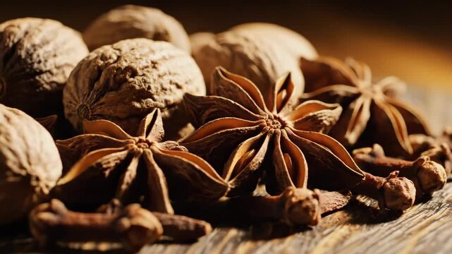 Aromatic Spices: A Culinary Journey of Star Anise, Nutmeg, and Cloves on a Wooden Surface