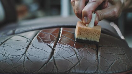 Man applying cleaning or care liquid with a sponge to brown leather material surface. Maintenance and refurbishment concept for leather goods.