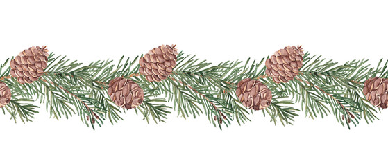Pine or Fir Branches with cones Horizontal Watercolor Seamless border Pattern. Hand painted illustration of Winter forest plant with green needles on white background. Can be used for fabric, textile
